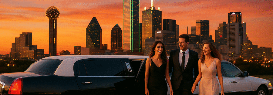 Elegant group stepping out of a black and white limousine with the Dallas skyline at sunset, highlighting private group transportation Dallas.