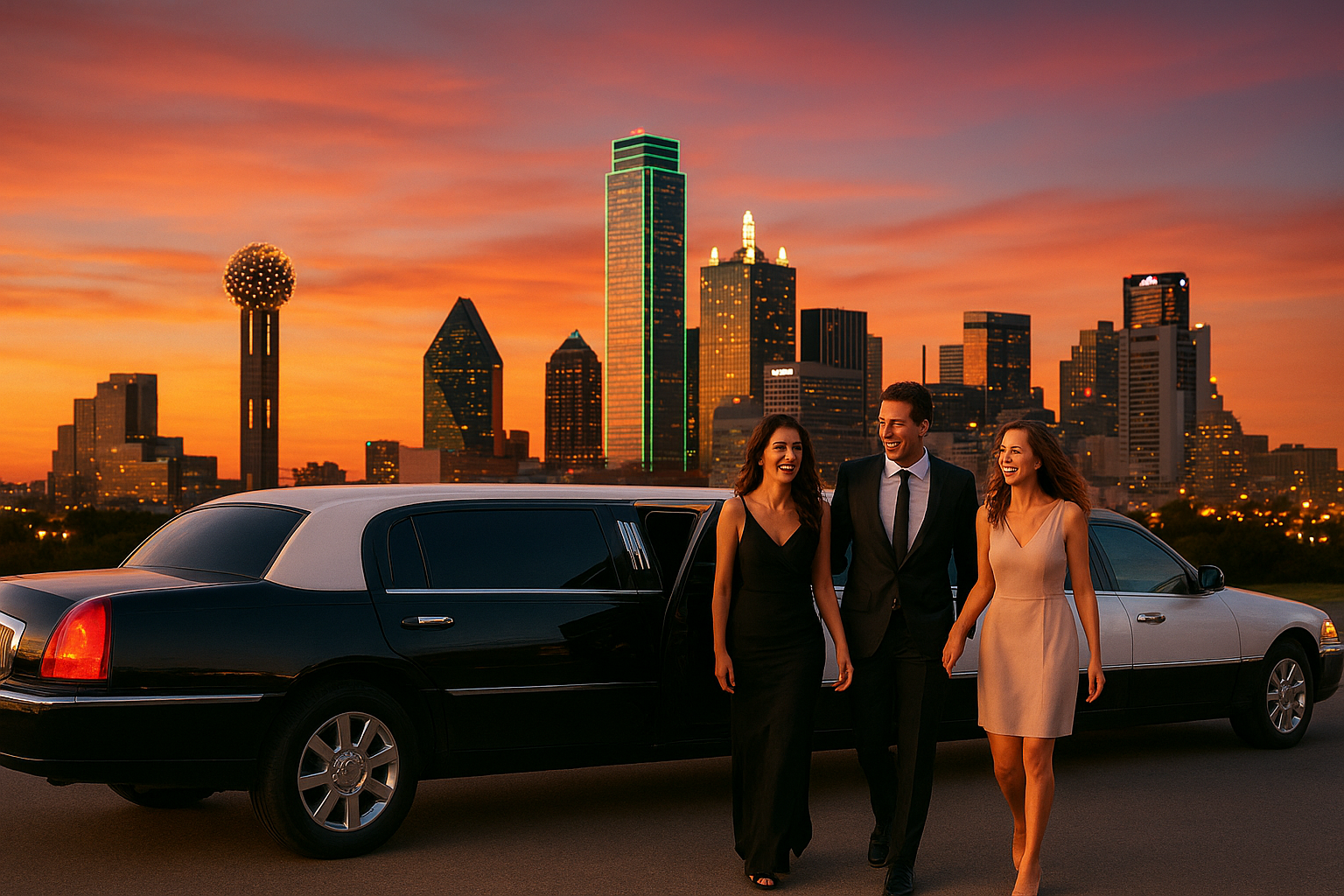 Elegant group stepping out of a black and white limousine with the Dallas skyline at sunset, highlighting private group transportation Dallas.