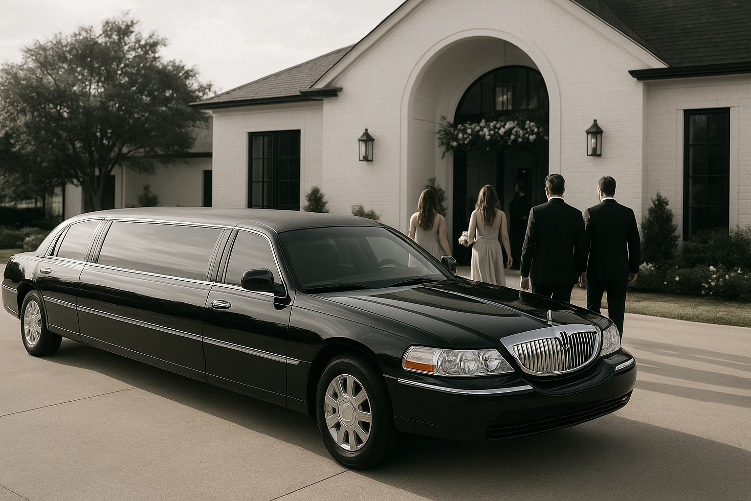 Black limousine at a Dallas wedding venue with bridesmaids and groomsmen walking inside, highlighting private group transportation Dallas.
