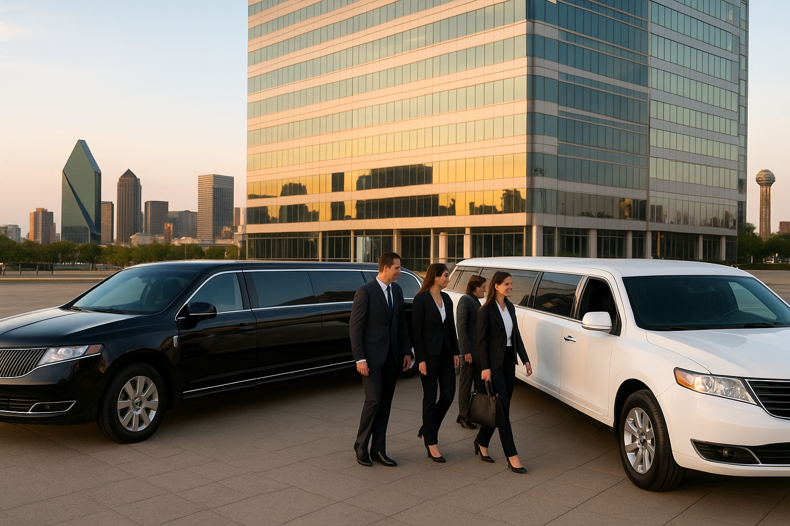 Professional group transportation Dallas with black and white limousines outside a modern corporate building as business professionals board together.