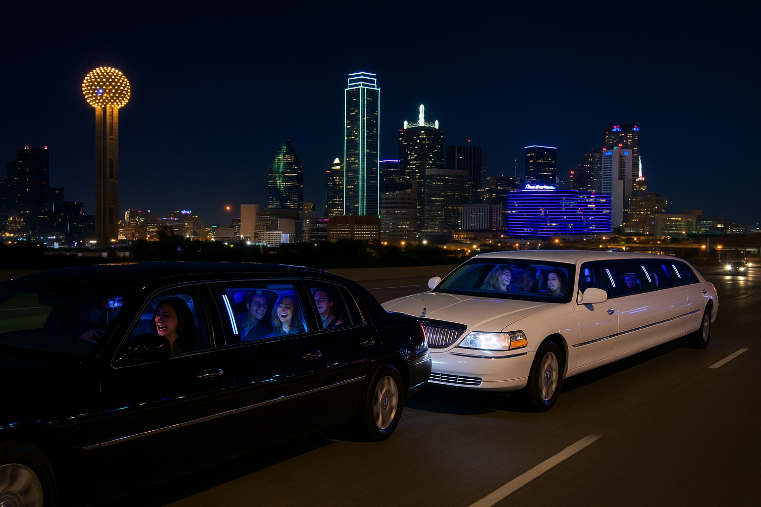 Professional group transportation Dallas with black and white limousines driving side by side on a city highway at night.