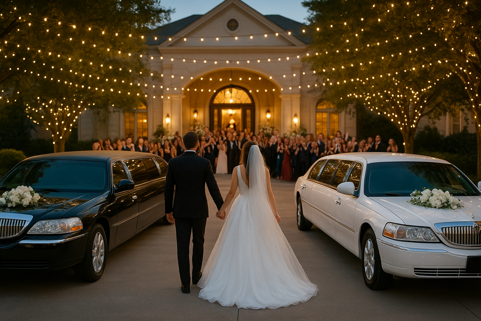 Bride and groom walking hand in hand towards black and white limousines at a Dallas wedding, showcasing professional group transportation Dallas.
