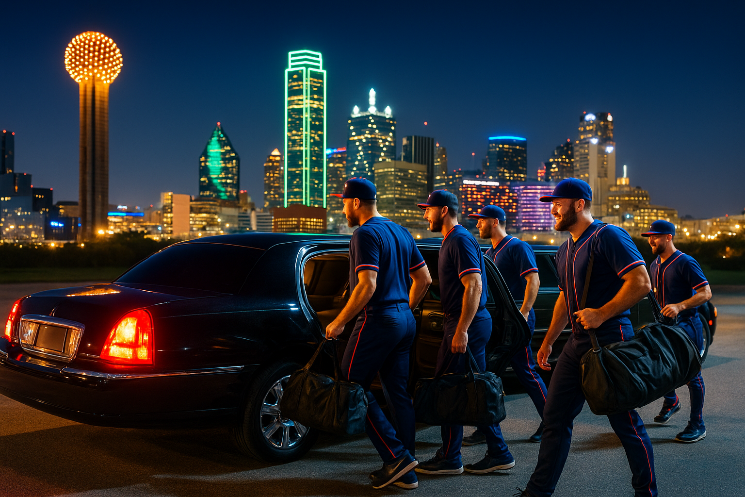 Sports team boarding a luxury black limo with Dallas skyline glowing in the background