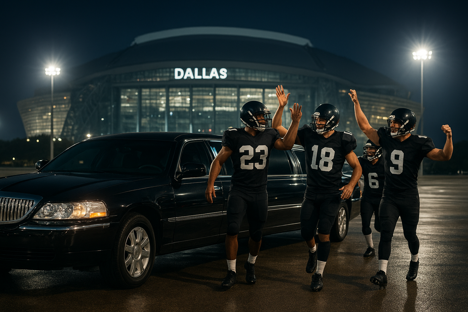Athletes celebrating outside a limousine at Dallas stadium – sports team transportation Dallas