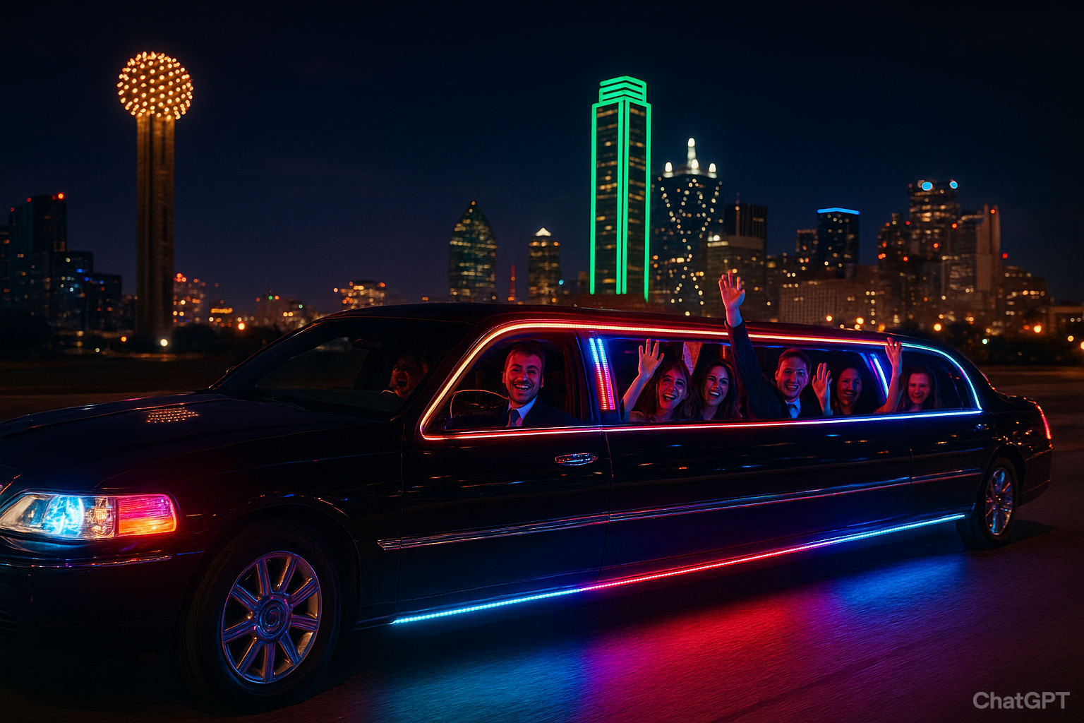 Luxury limousine in Dallas with a lively group enjoying the ride at night, representing premium sports team transportation services.