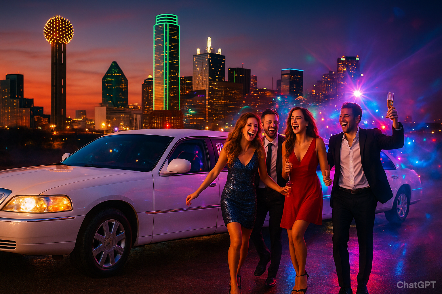 A white stretch limousine with a group of friends celebrating in front of the Dallas skyline at sunset, showcasing Dallas party car rental for groups.