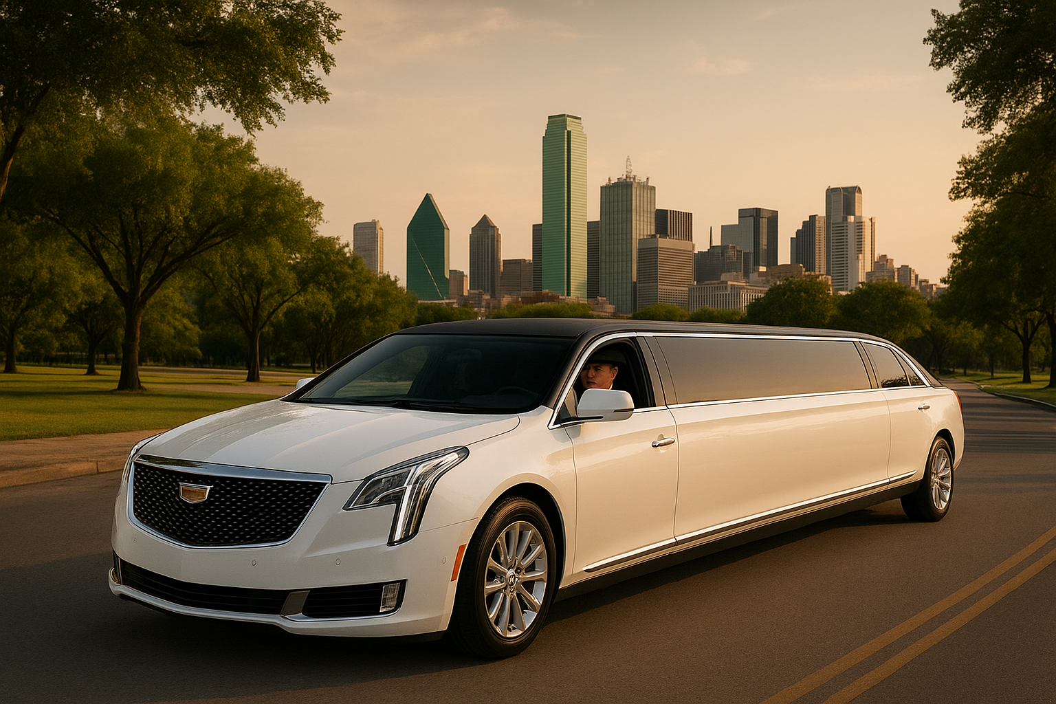 White stretch limousine driving along a scenic Dallas street with professional chauffeur and city skyline.