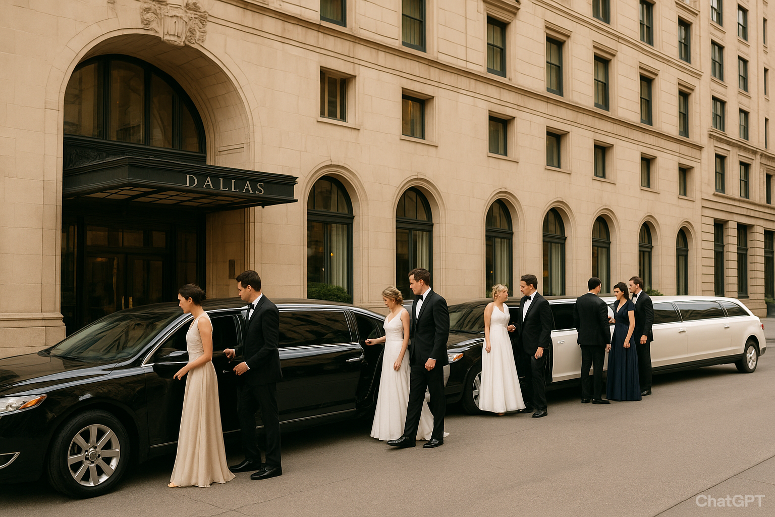 Wedding party using luxury limousines for group transportation in Dallas
