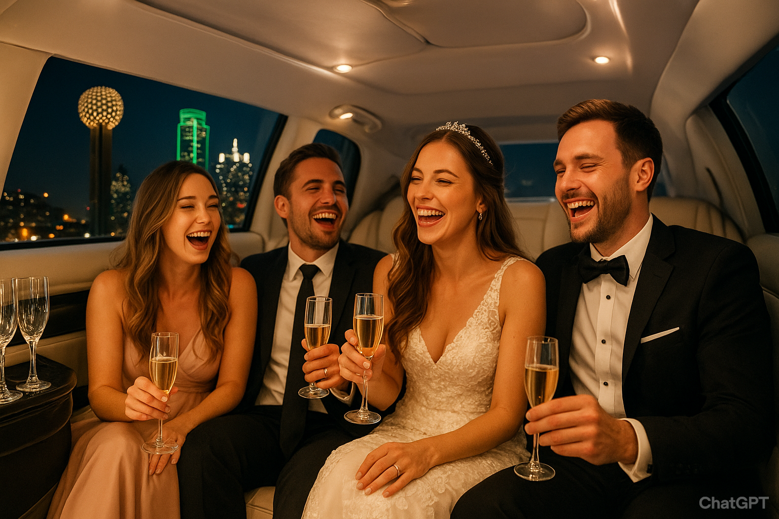 "Wedding group transportation in Dallas with guests celebrating inside a limousine"