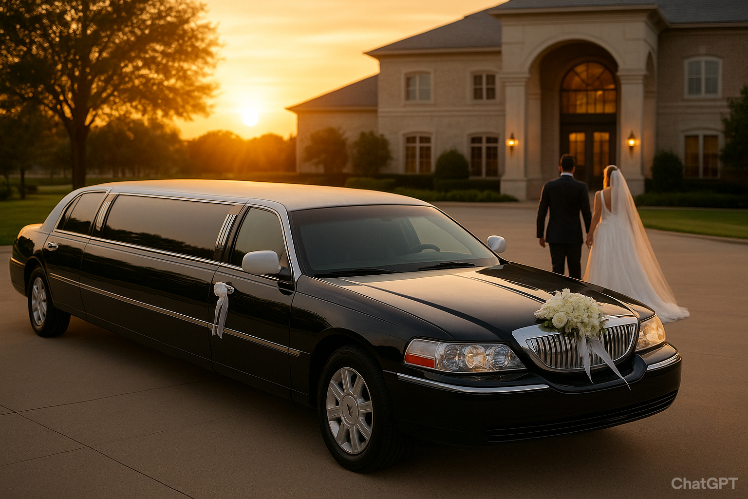 Luxury black limousine for wedding group transportation in Dallas with bride and groom at sunset
