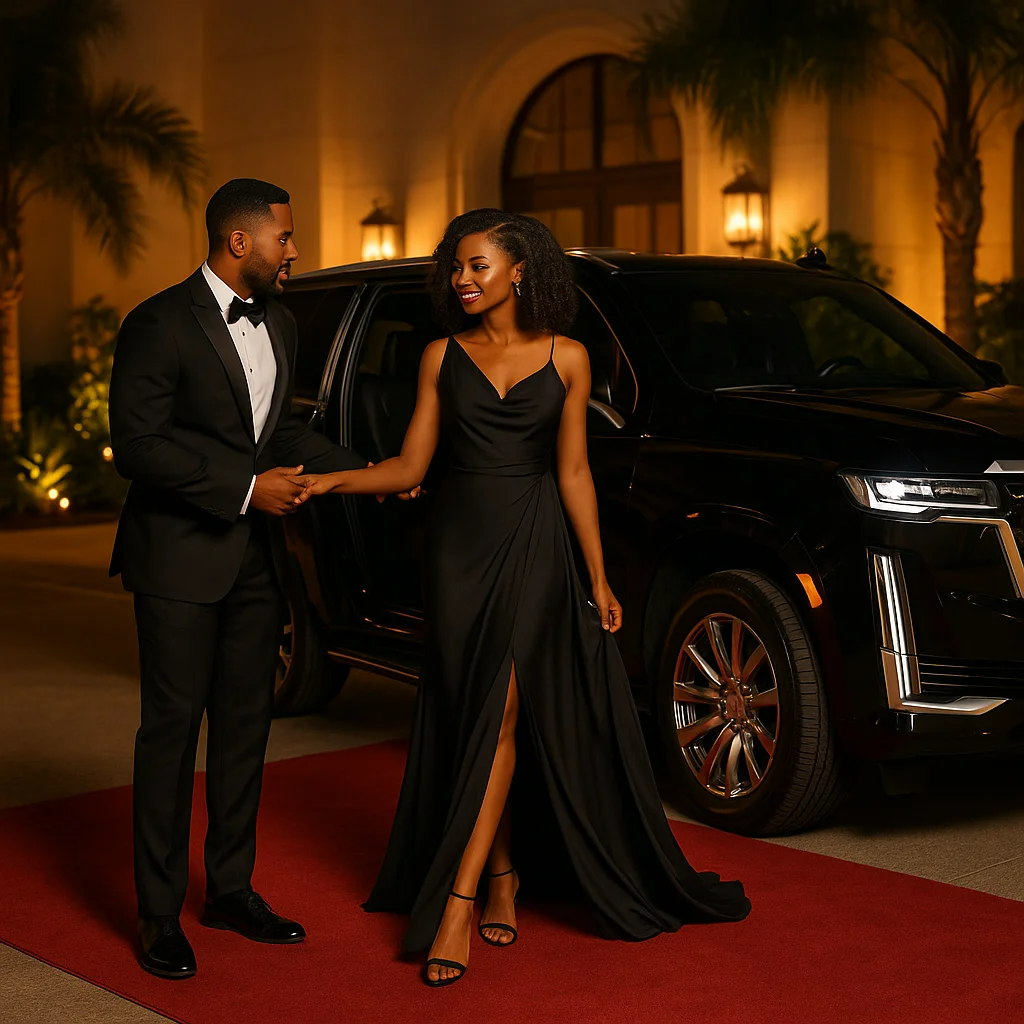 A well-dressed couple walking arm in arm near a black luxury SUV with the illuminated Irving skyline behind them at night.
