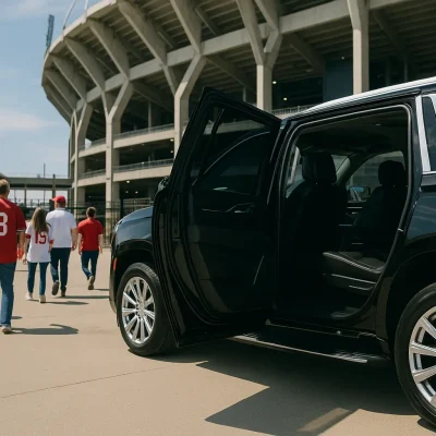 VIP sports event transportation with a Cadillac Escalade at Dallas stadium entrance