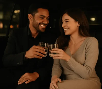 Couple inside black Escalade enjoying date night chauffeur service Dallas