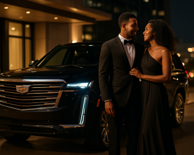 Elegant couple standing beside a black luxury SUV during a date night chauffeur service in Dallas