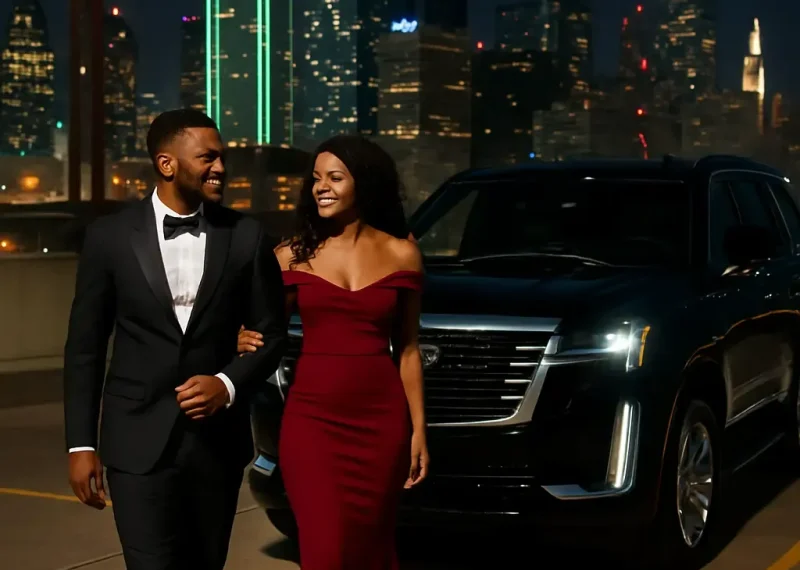 A well-dressed couple walking arm in arm near a black luxury SUV with the illuminated Irving skyline behind them at night.
