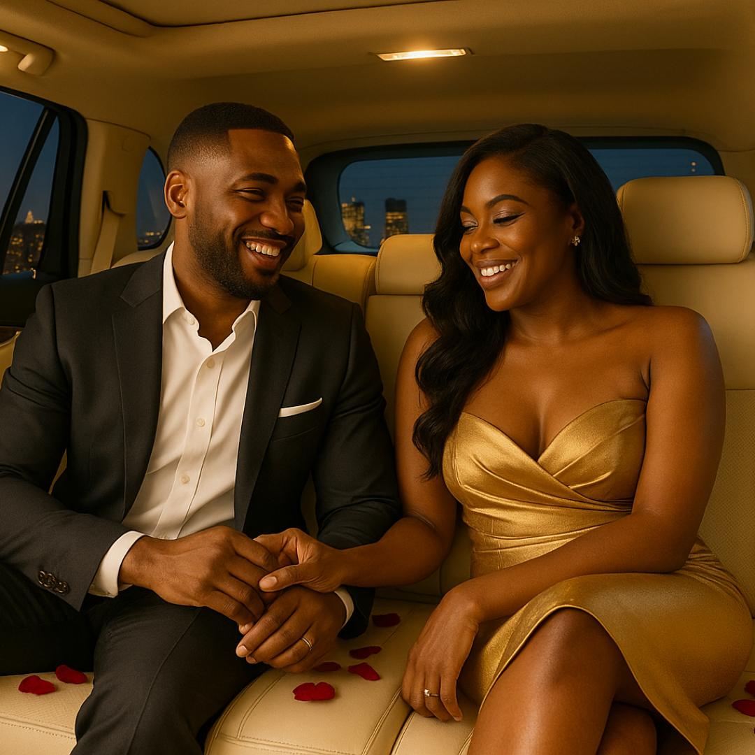 Couple sharing a romantic moment inside a luxury vehicle during their Dallas date night chauffeur ride