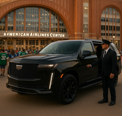 Luxury 2024 black Cadillac Escalade with black rims pulling up to the American Airlines Center in Dallas