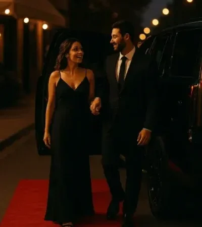 Red carpet entry for date night chauffeur service in Arlington