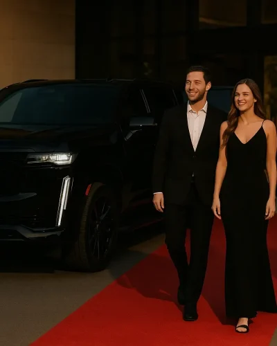 Red carpet entry for date night chauffeur service in Carrollton