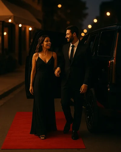 Red carpet entry for date night chauffeur service in Dallas