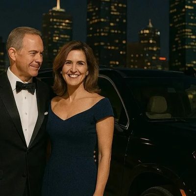 Couple posing beside a luxury car in downtown Irving at night with city lights behind them