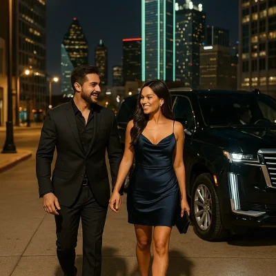 An elegant couple walking hand-in-hand in downtown Irving at night, with a luxury chauffeur car parked nearby.