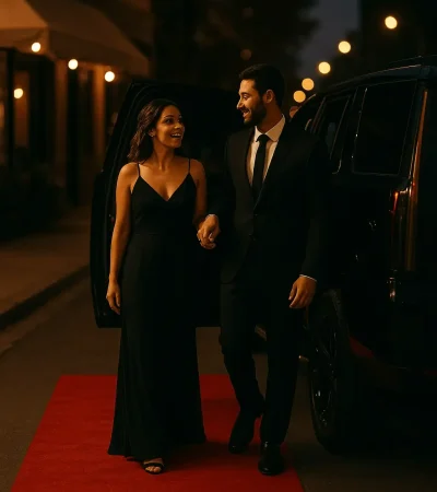 Couple arriving at an event on a red carpet with a luxury chauffeur service in Fort Worth at night
