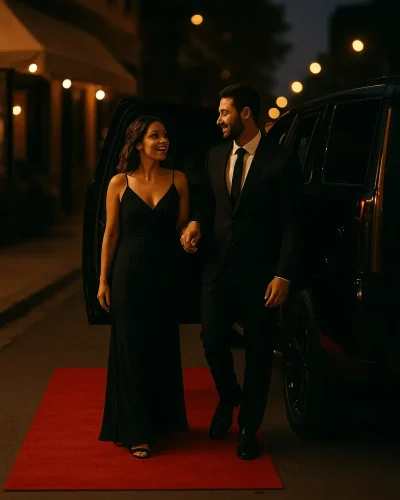 Couple arriving at an event on a red carpet with a luxury chauffeur service in Irving at night