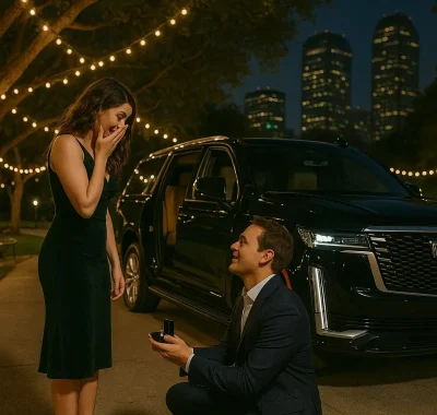 A man proposes to his partner beside a luxury car under string lights during a romantic evening in Irving.