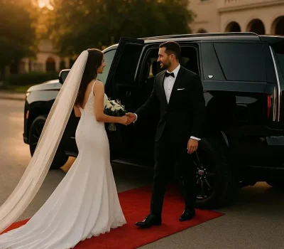 Bride and groom with black Cadillac Escalade for wedding transportation Plano